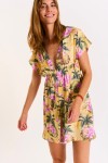 Lichtgele korte jurk met bloemen en palmbomen Abeline Limetropivoil