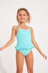 Mini Leafy Retro girl's blue Lagoon gingham one-piece swimsuit