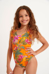 Costume da bagno intero bambina arancione con stampa tropicale TUNES FAGAPEA