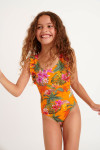 Oranje badpak met tropische print voor meisjes TUNES FAGAPEA