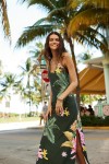 Lange kaki jurk met bloemen en palmbomen Mehiti Beachdress
