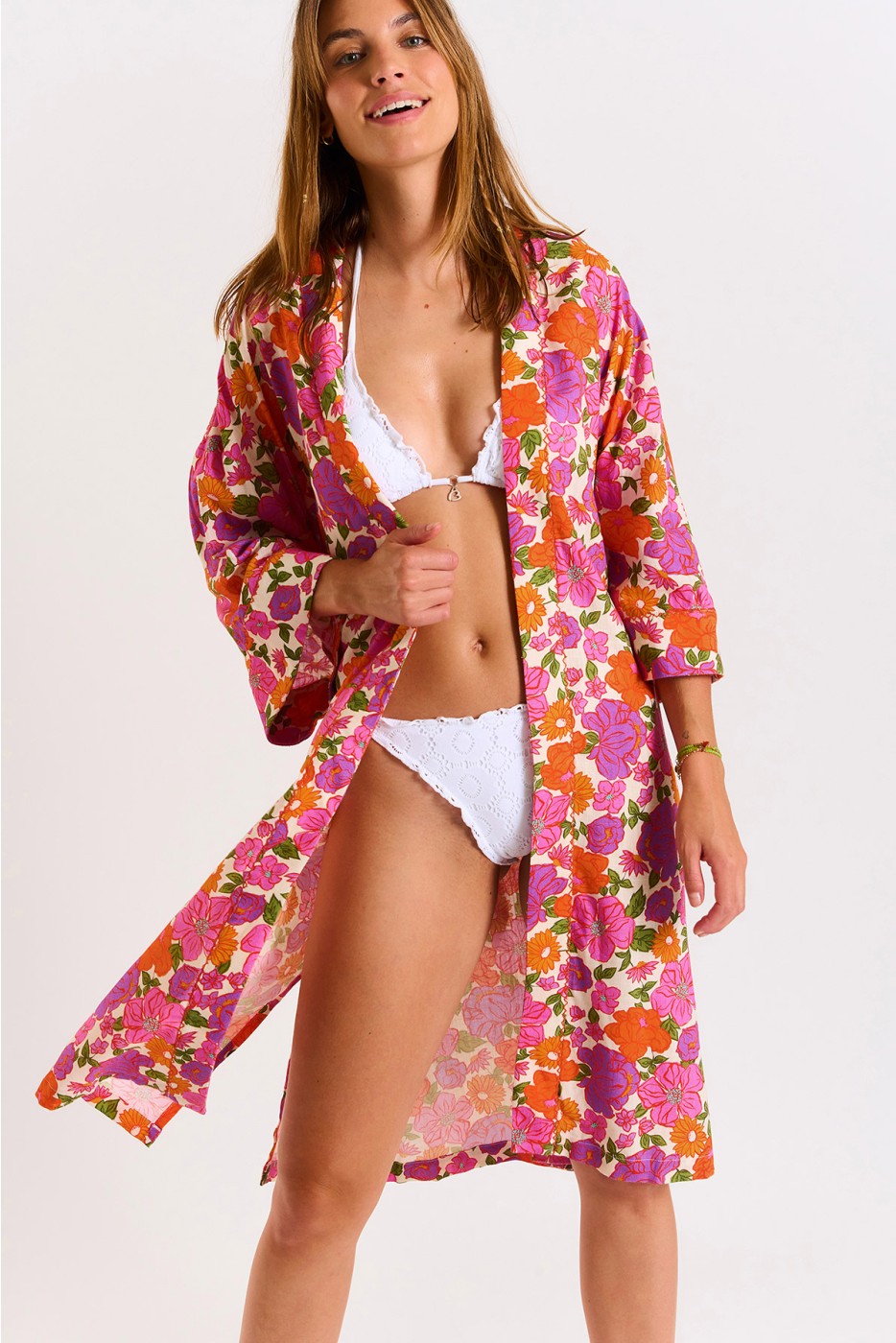 Austinday Keiko ecru kimono with pink-toned floral print