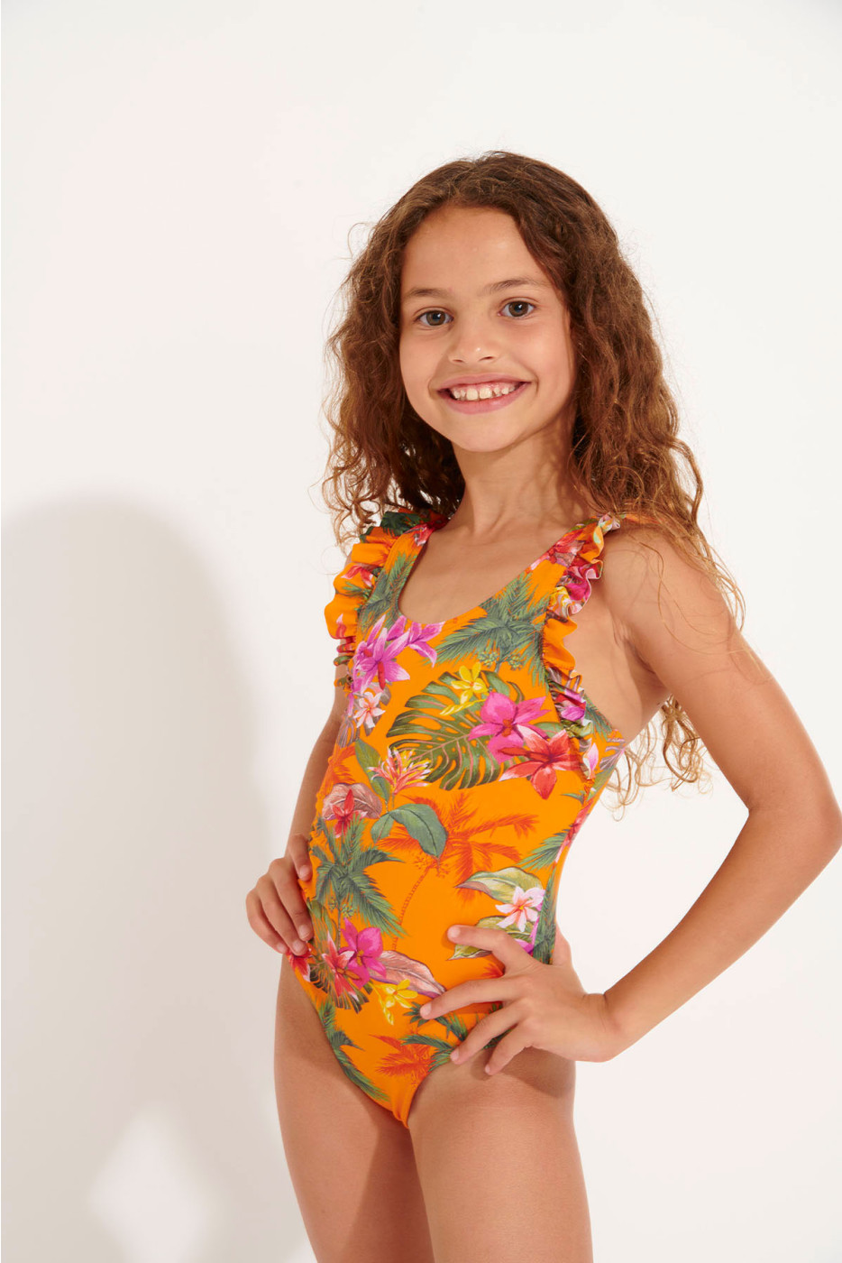 Girls' TUNES FAGAPEA orange tropical print swimsuit