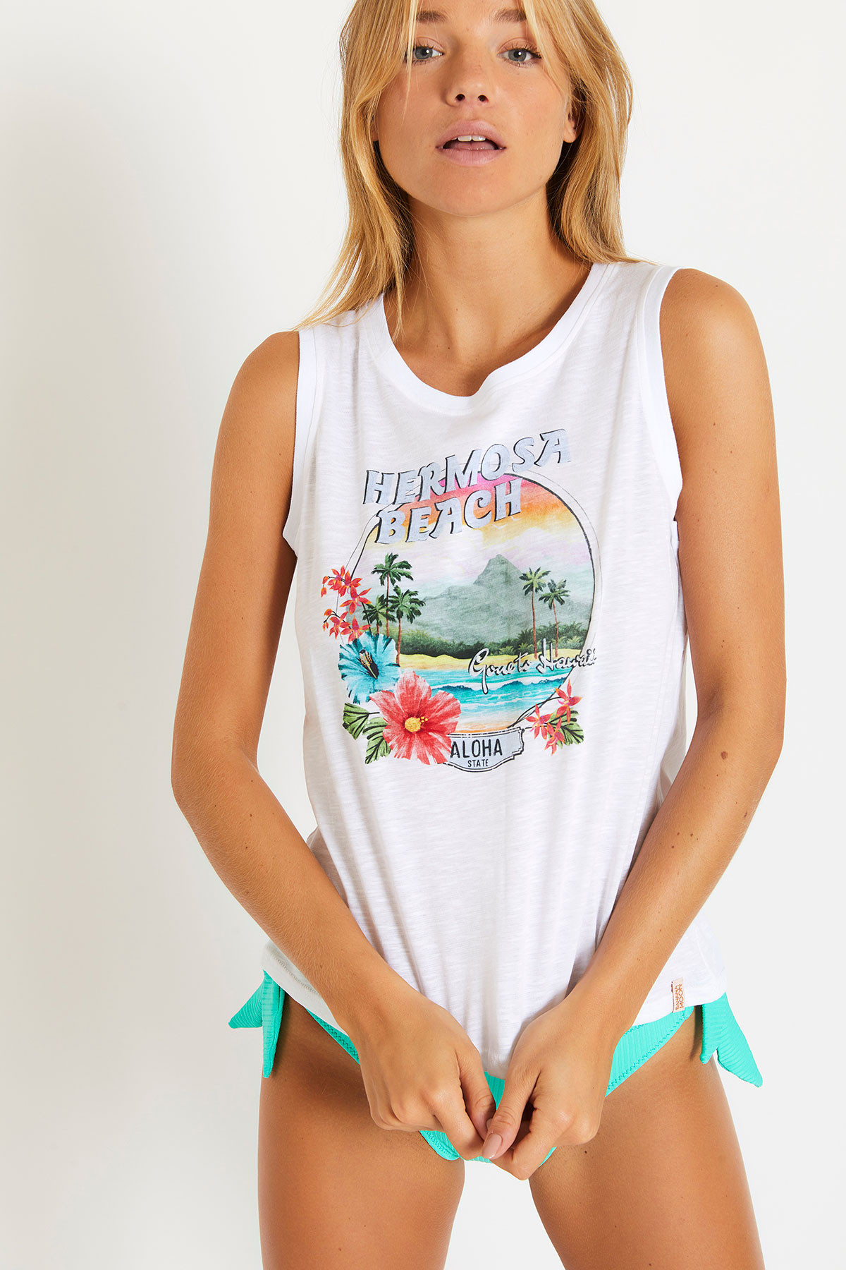Camiseta sin mangas de mujer blanca hawaiana| LENO TEELAND| Banana Moon®