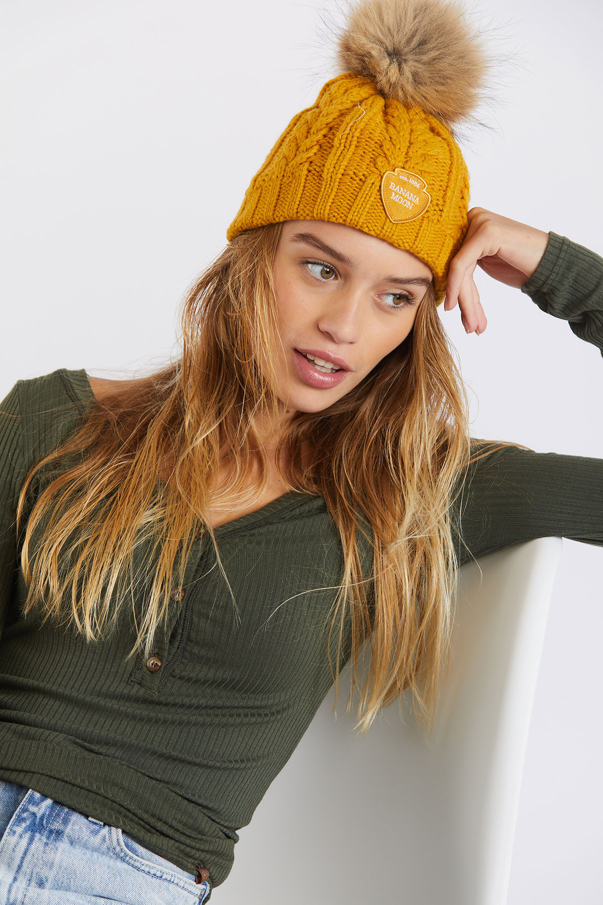 Women's mustard yellow pompom beanie 