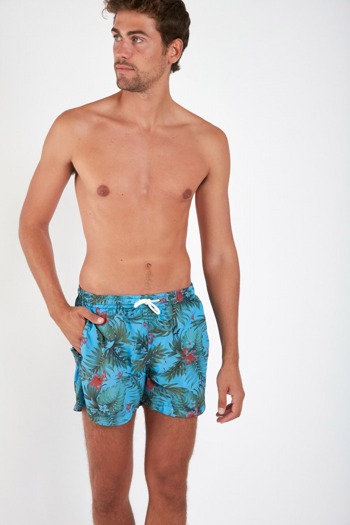 Ruben Francisco men's short blue tropical print swim trunks