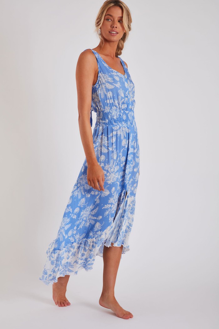 Blauw en wit bedrukte lange jurk Tara Jasminavoil