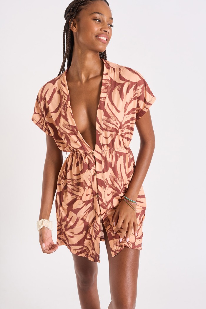 Rozenhout korte jurk met palmboomprint Abeline Paintyvoil