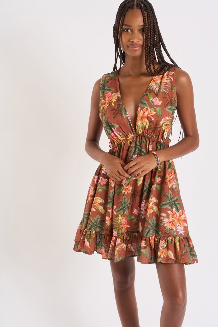HANALEIDAY Elvina brown tropical printed open dress