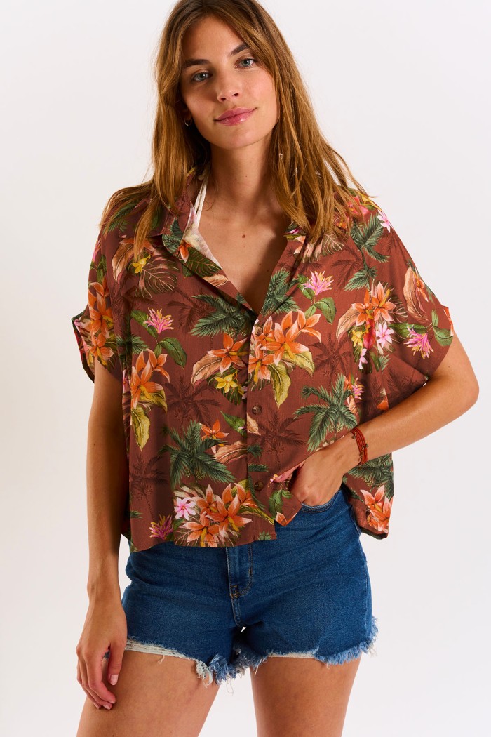 Camiseta corta de mujer con estampado tropical marrón MALONE HANALEIDAY