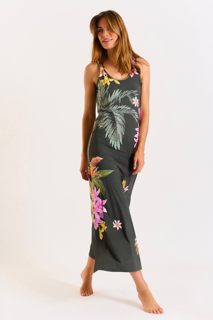 Vestido largo caqui con flores y palmeras Mehiti Beachdress