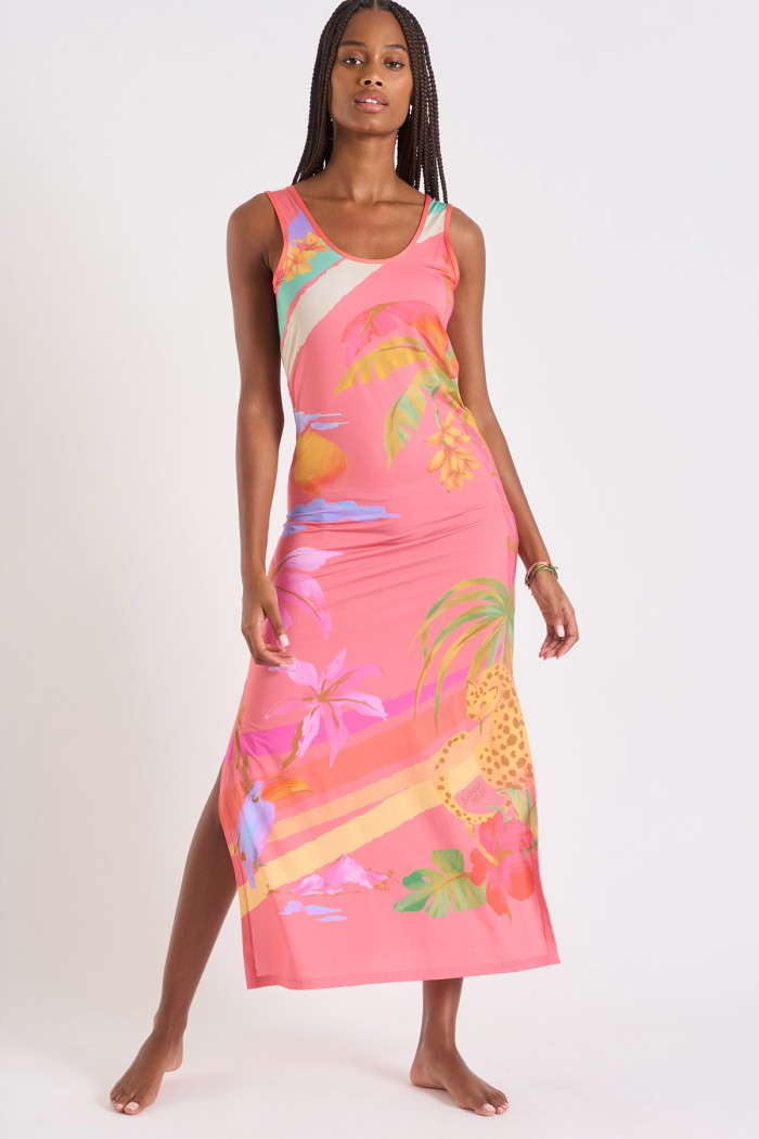 Beachdress Mehiti coral pink floral and palm tree motif long dress