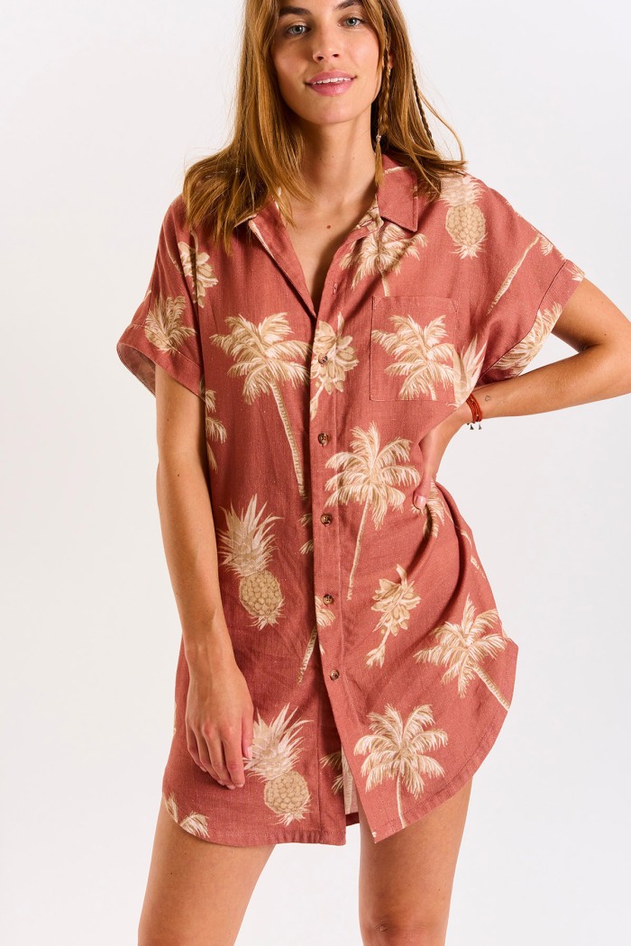 BAYDAY Waila Mahogany shirt dress with ecru palm tree print
