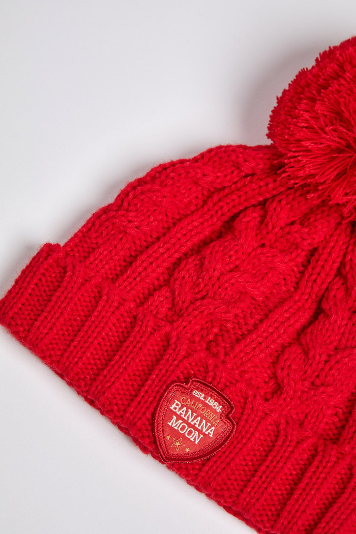 HOWSON YAMOUR Women's Cable Knit Hat in Red with Pompom