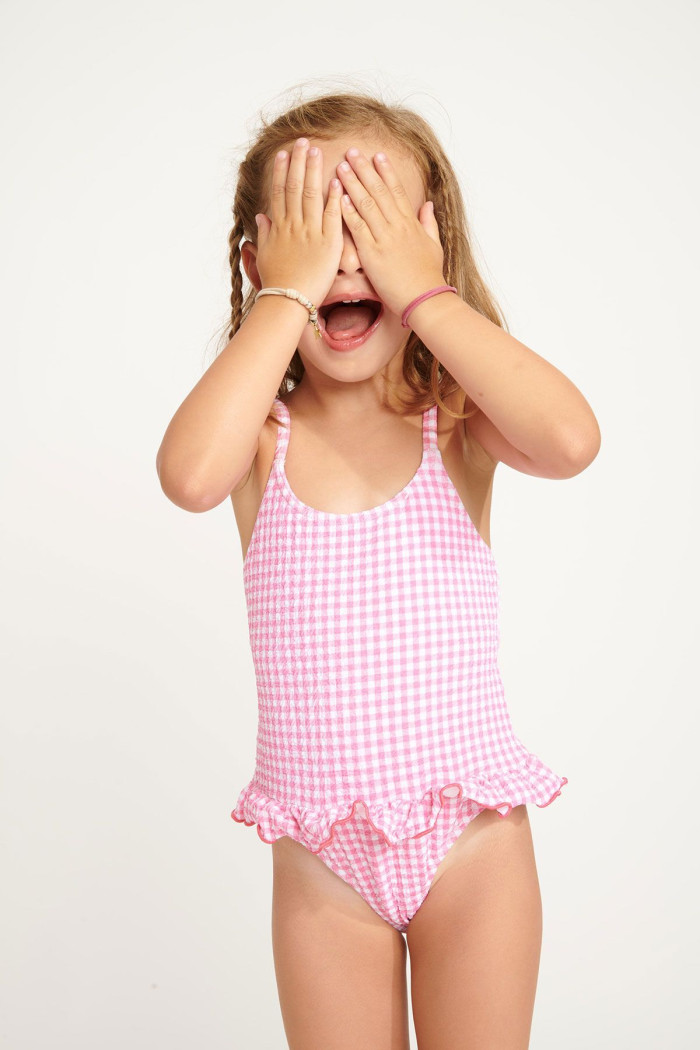 M LEAFY RETRO girl's pink gingham one-piece pink swimsuit