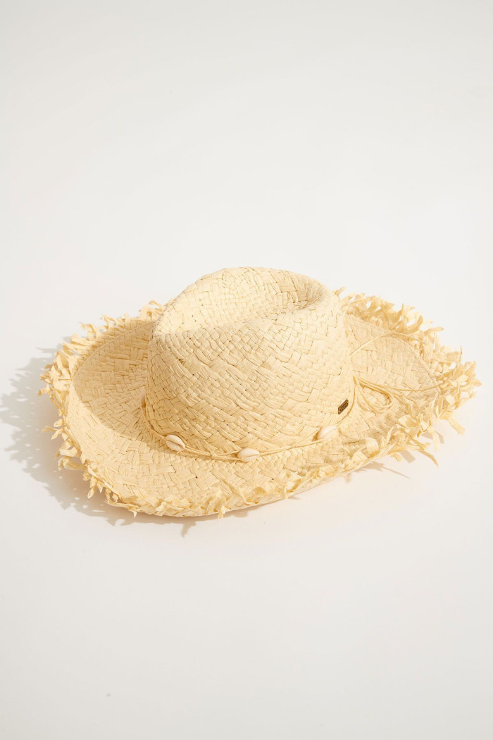 RESEDO HESPERIA Ecru straw hat adorned with shells