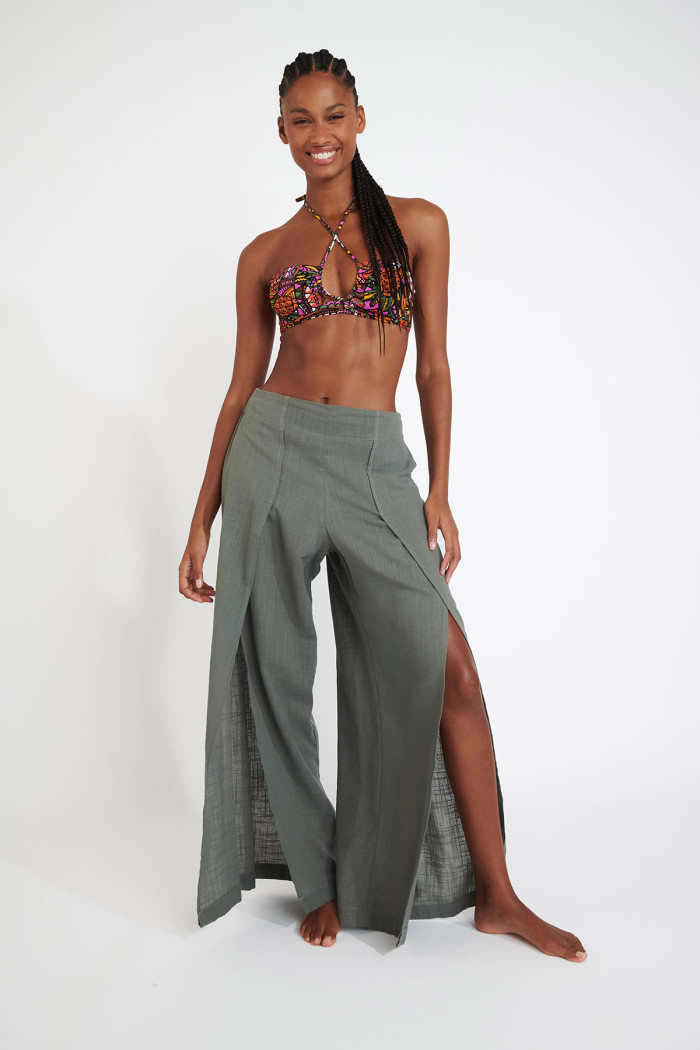 STEFA CALYPSO khaki loose-fit trousers with slit