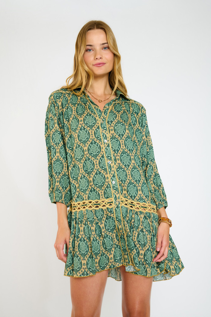 GIRONA FLOWERLIFE green buttoned and belted dress