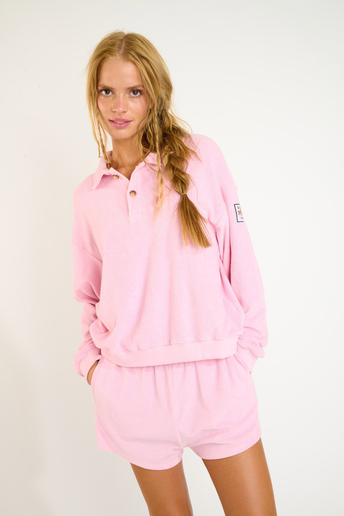 LEIGHTON SPONGETIME pink terry polo sweatshirt