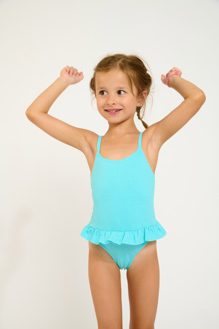 M LEAFY SPARKLESUN turquoise one-piece swimsuit for girls