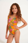 Maillot de bain 1 pièce fillette orange imprimé tropical TUNES FAGAPEA