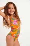 Maillot de bain 1 pièce fillette orange imprimé tropical TUNES FAGAPEA
