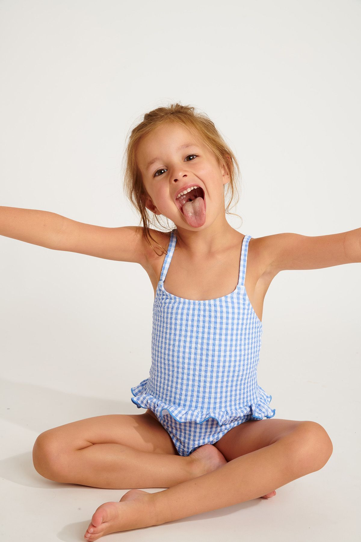 M LEAFY RETRO girl's sky blue gingham one-piece swimsuit - 0