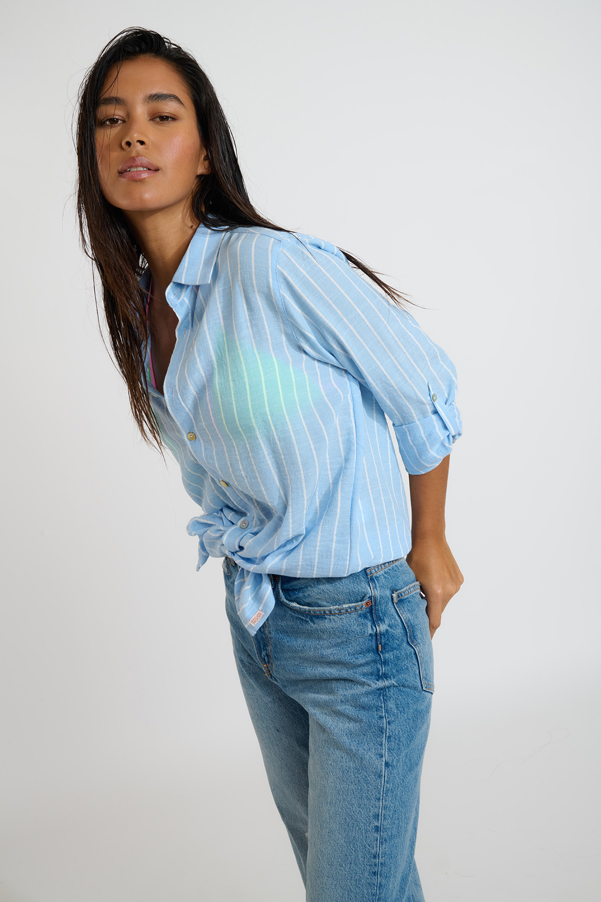 Chemise tunique longue rayée bleu ciel GAREL GALEANA - 6