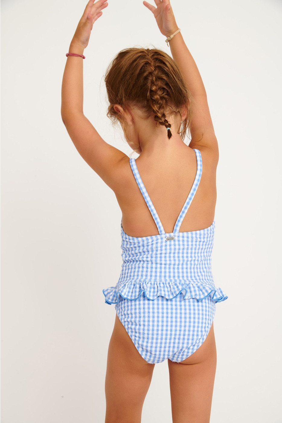 M LEAFY RETRO girl's sky blue gingham one-piece swimsuit