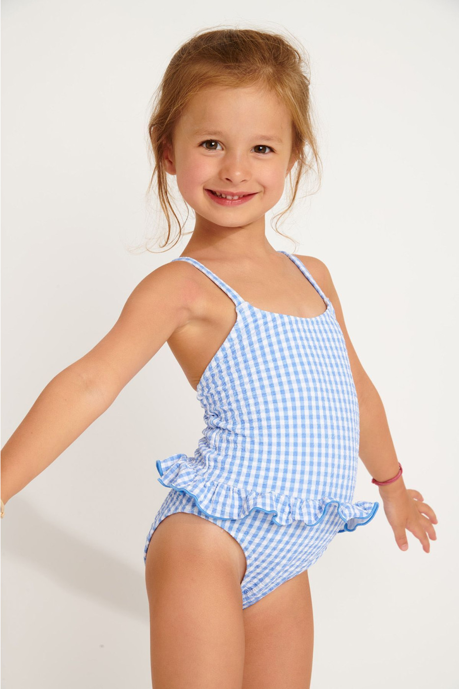 M LEAFY RETRO girl's sky blue gingham one-piece swimsuit