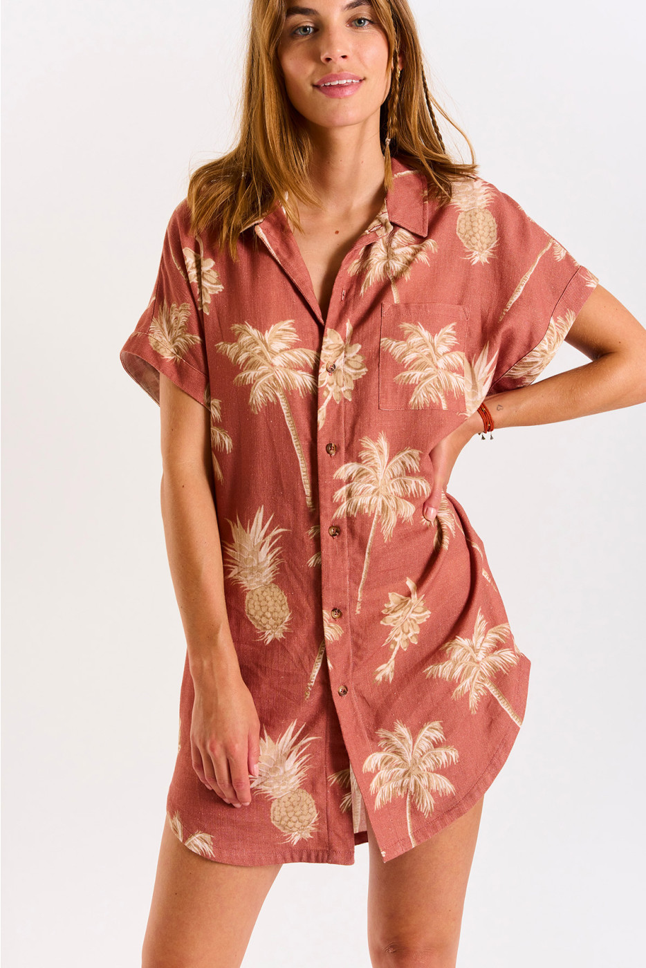 BAYDAY Waila Mahogany shirt dress with ecru palm tree print - 1
