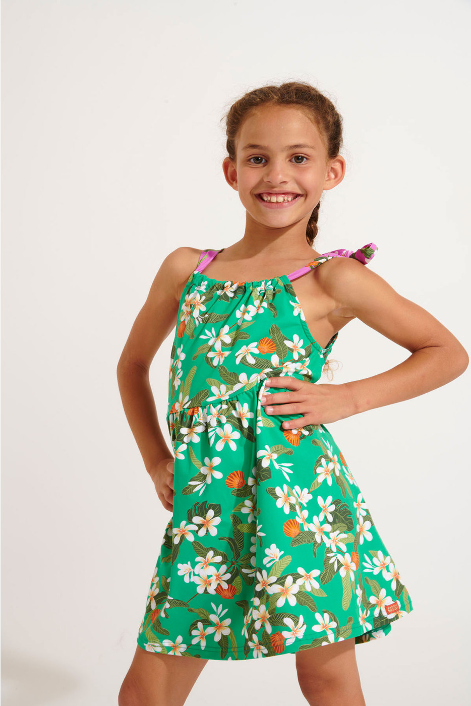 Vestido corto verde con flores para niña BAPO KELEPOA