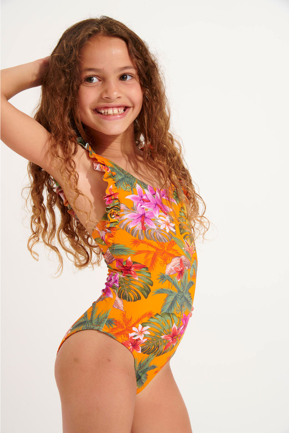 Maillot de bain 1 pièce fillette orange imprimé tropical TUNES FAGAPEA