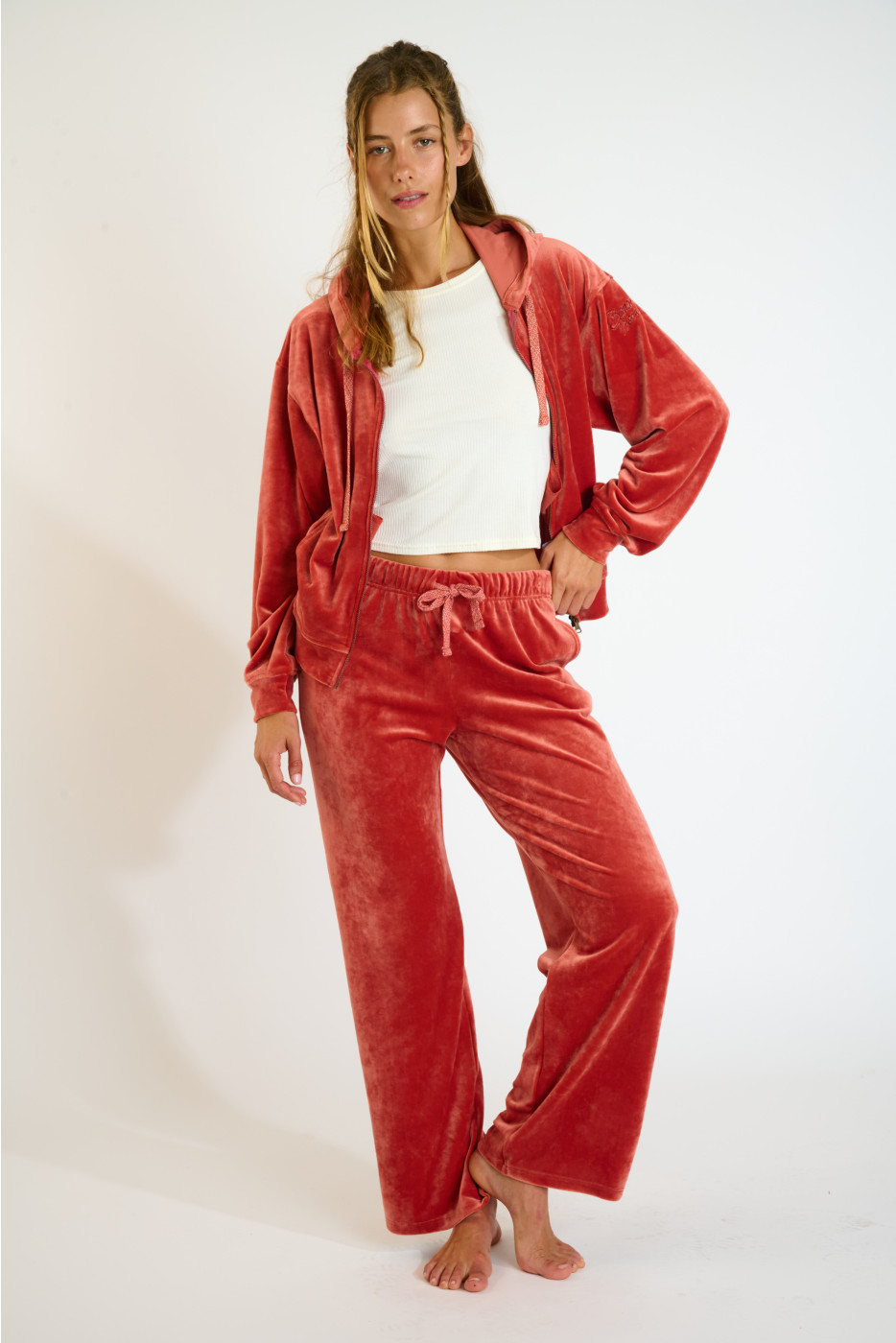 BOREAL SEACHIC salmon pink velvet jogging trousers