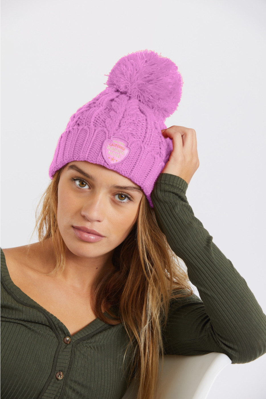 Howson Lemonwood candy pink cable knit beanie with pompon - 4